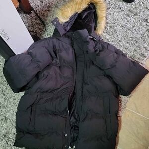Men's Black Puffer Jacket with Faux Fur Hood